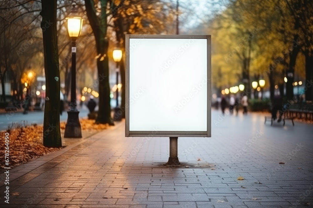 Blank white billboard or display, advertising, blurred background.by Generative AI. Blank white billboard or display, advertising, blurred background.by Generative AI.