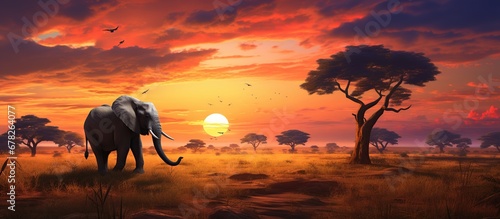 Big Elephant on the plains of the Africa savanna. AI generated image © orendesain99