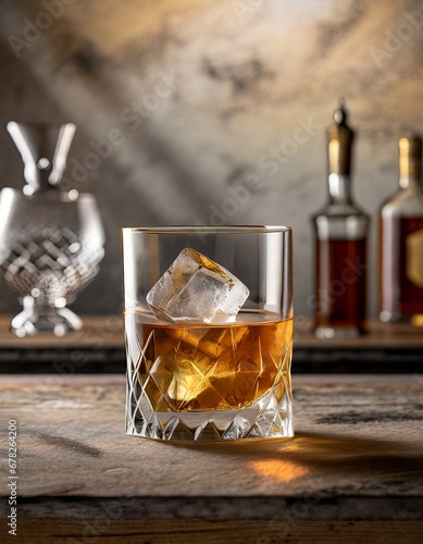 A glass of whiskey with an ice cube on the side; bar interior; copy space for branded for branding mockups presentation about alcohol drinks and cocktails