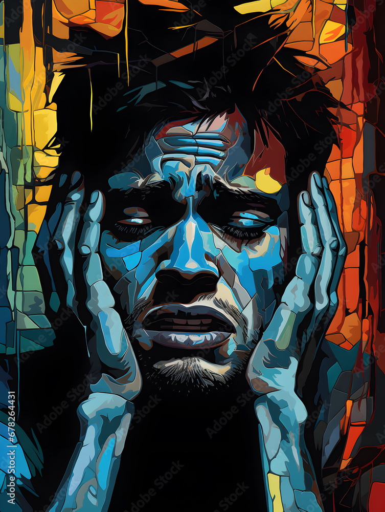 Fototapeta premium Colourful pop art detail of faces expressing deep emotion and sadness. Depressive states of mind illustrated.