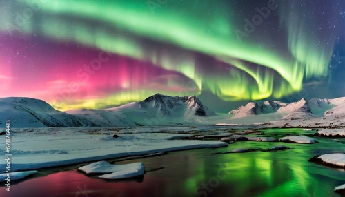 A northern light show illuminates the arctic sky, painting the landscape in shades of green and pink, on top of snow-capped mountains , wide view