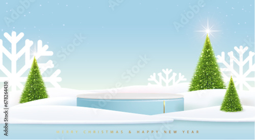 Holiday Christmas showcase blue background with 3d podium and Christmas tree. Abstract minimal scene. Vector illustration