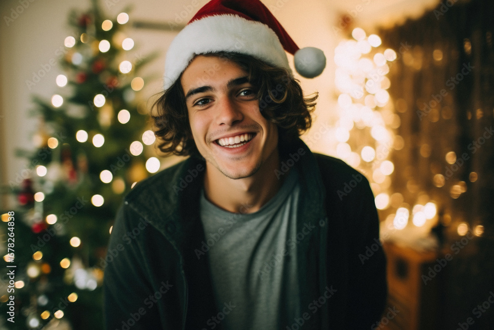 Portrait of a young man in santa hat at christmas time. Portrait of a young man in santa hat at christmas time.