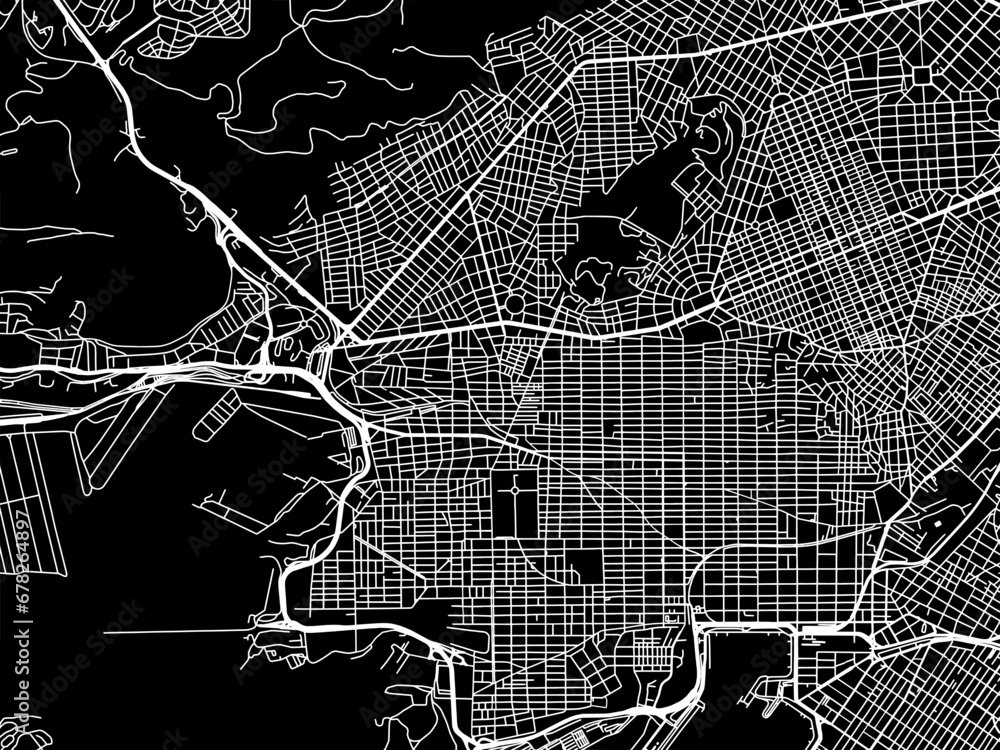 Obraz premium Vector road map of the city of Keratsini in Greece with white roads on a black background.