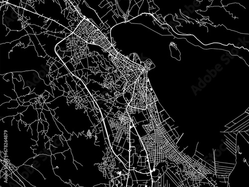 Vector road map of the city of Ioannina in Greece with white roads on a black background.