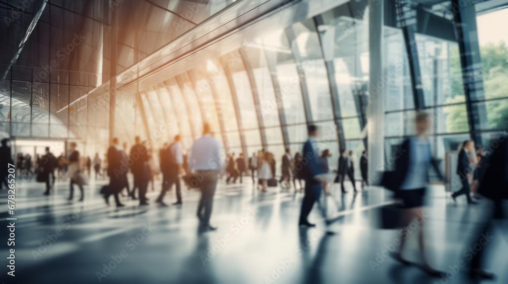 Corporate Commotion A Glimpse into the Blurred Business Crowd in a Modern Foyer