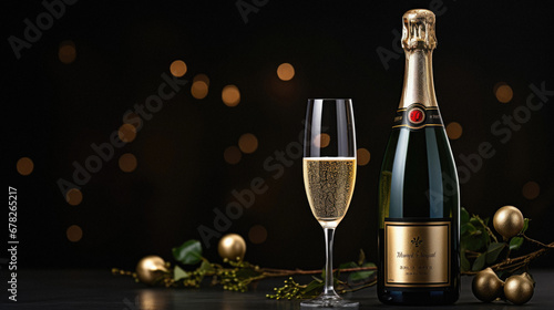 Bottle of champagne and glasses on black background with christmas decorations.