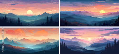 nature mountains forest landscape panorama background hill silhouette vector sky sunset travel 