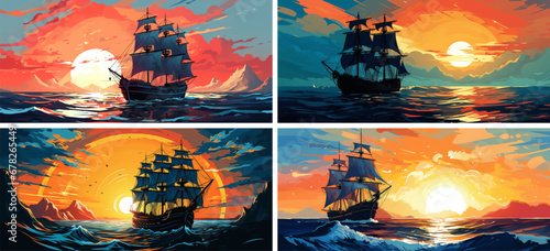 sea ocean ship water boat sail sky sailboat illustration wave nautical art nature blue travel 