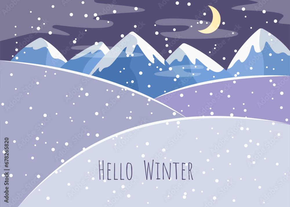 Fototapeta premium Snowy night landscape illustration. Snow-capped mountains in the fog under the moon. Seasonal hello winter banner