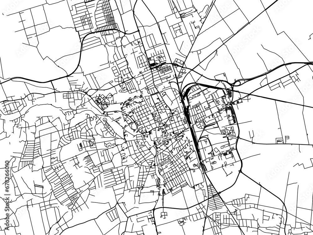 Vector road map of the city of Szombathely in Hungary with black roads on a white background.