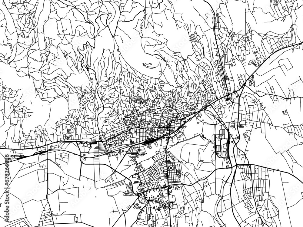 Fototapeta premium Vector road map of the city of Pecs in Hungary with black roads on a white background.