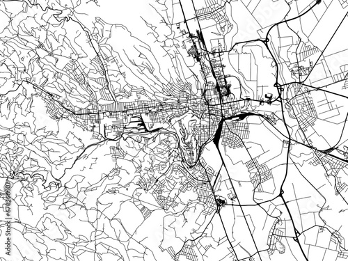Vector road map of the city of Miskolc in Hungary with black roads on a white background.