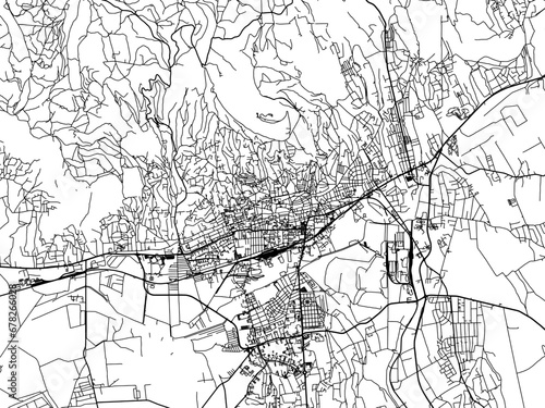 Vector road map of the city of Pecs in Hungary with black roads on a white background.