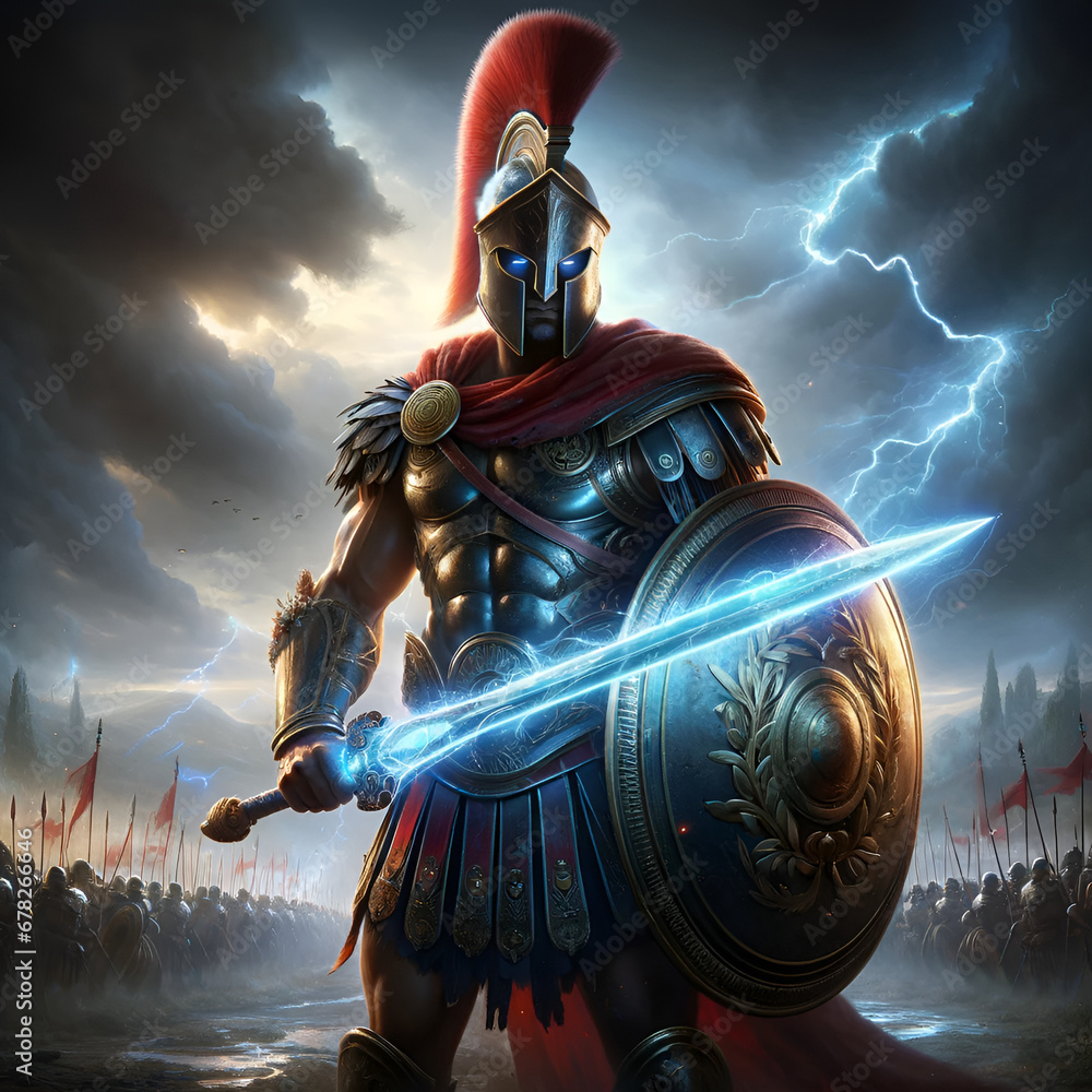 Ancient Spartan Warrior In A Greek Armor Standing Boldly With A Sword