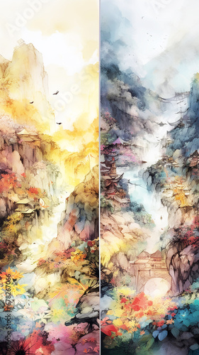  Stunning Japanese Landscape painting in the style of Paul, Generative AI © kafi