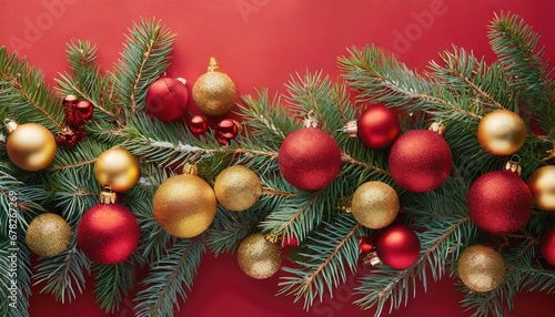 Flat lay with pine tree branches with red and golden christmas balls isolated on red