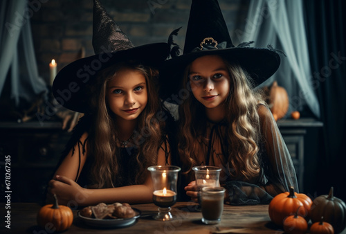 Two Young and Gorgeous Women Dressed as Spooky Witches for Halloween Festivities AI generated