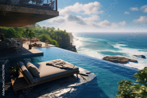 An infinity pool perched on a cliff with breathtaking ocean views. Concept of luxury and relaxation. Generative Ai. © Sebastian