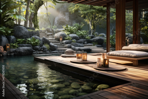 A serene pool with a zen garden and meditating practitioners. Concept of poolside tranquility. Generative Ai.