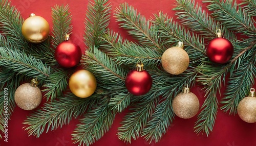 Flat lay with pine tree branches with red and golden christmas balls isolated on red