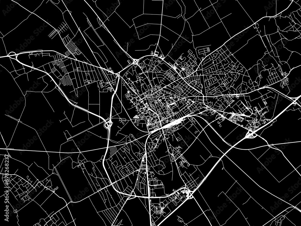 Vector road map of the city of Szekesfehervar in Hungary with white roads on a black background. - obrazy, fototapety, plakaty 