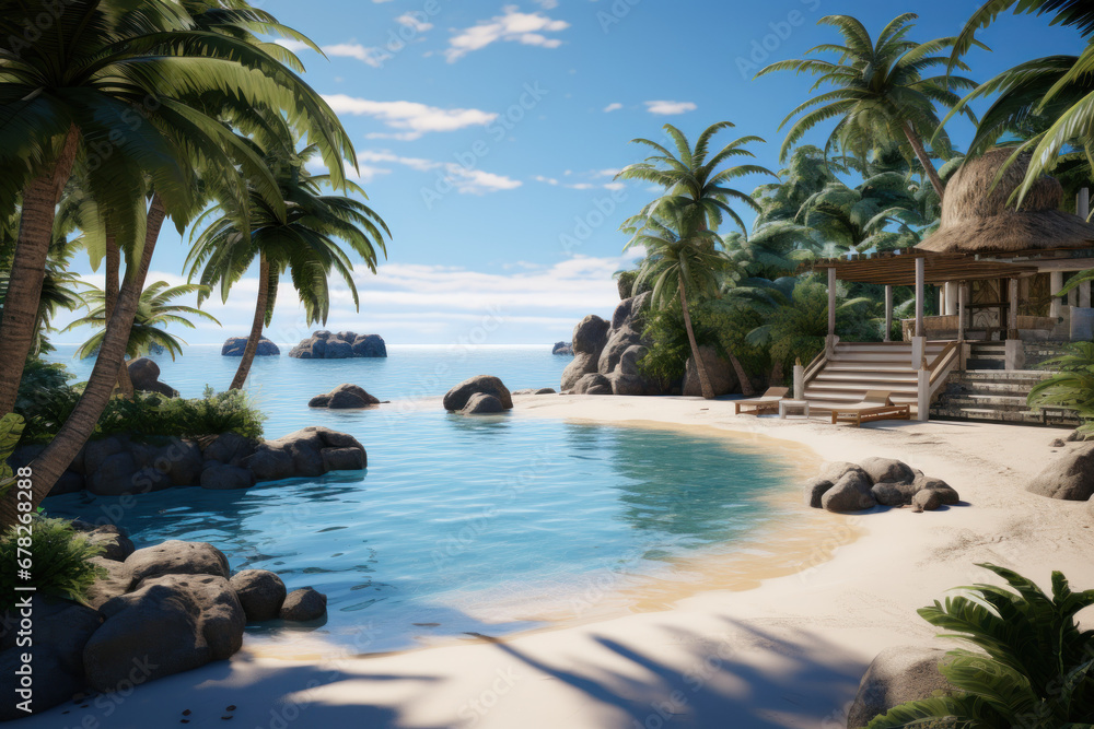 Fototapeta premium A resort pool with a sandy beach entrance, simulating a coastal experience. Concept of beachside relaxation. Generative Ai.
