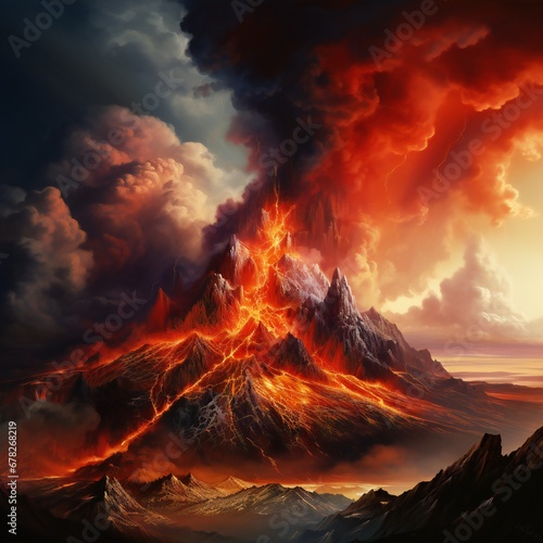 3D rendering of the volcano, volcanic eruption
