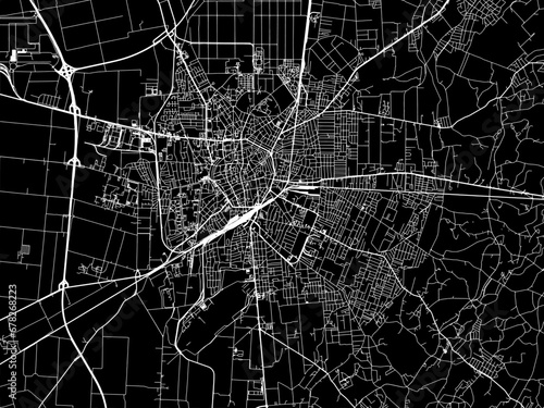 Vector road map of the city of Debrecen in Hungary with white roads on a black background.