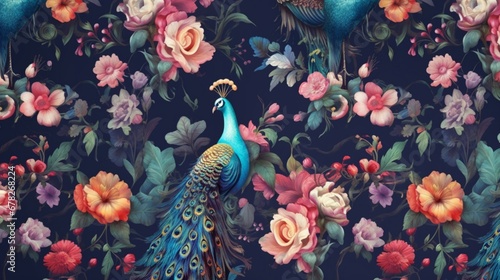 liberty style wallpaper with peacocks and jewel toned.Generative AI photo