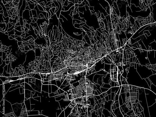 Vector road map of the city of Pecs in Hungary with white roads on a black background.