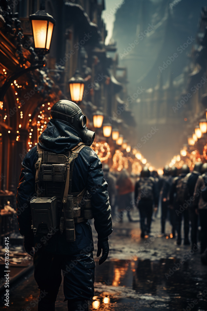 Solitary Figure in Gas Mask on Snowy, Festive-Lit Street