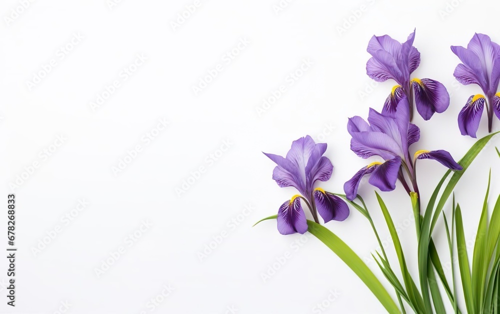 Happy start of spring poster. Beautiful purple iris bouquet isolated on white background. Garden flowers frame. Copy space. Pastel violet, lilac, green colors. Fresh sale banner design. AI Generative.