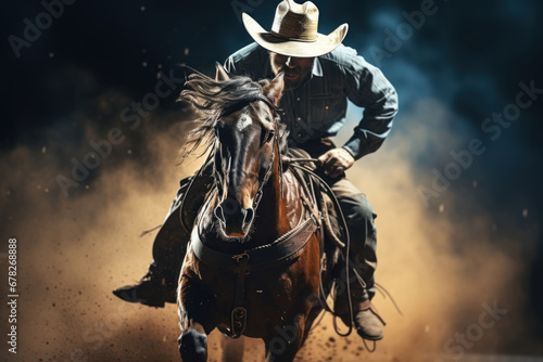 A tough guy in a cowboy hat and boots, riding a bucking bronco in a rodeo. Concept of rodeo competition. Generative Ai. photo