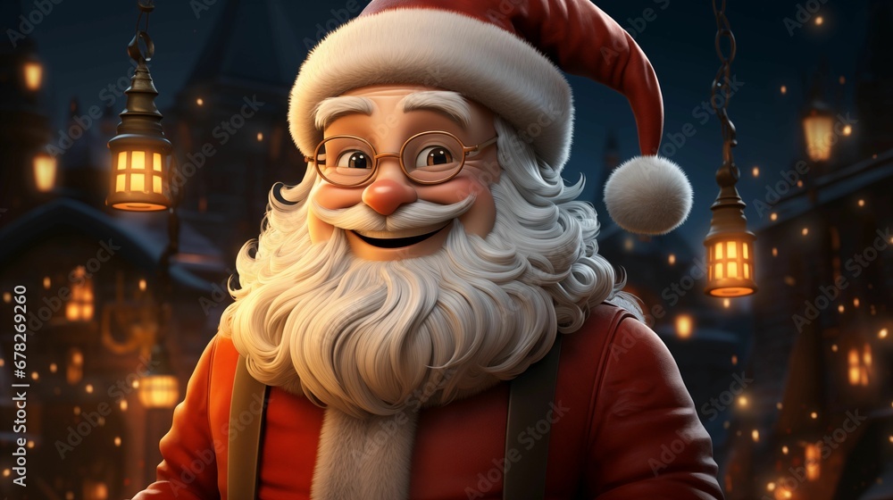 a person with glasses and a santa hat on standing in front of an urban area