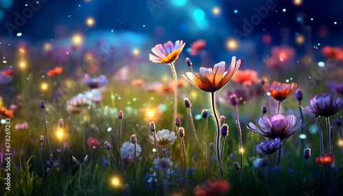 Wild flower field in the night magical lights. Summer meadow. Fantastical fantasy background of magical purple dark night sky with shining bokeh lights copy space © annebel146