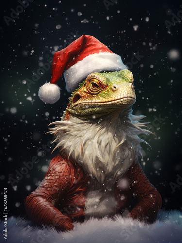 Watercolor Christmas lizard with Santas hat illustration, cute dragon symbol of the year, animal illustration, painting for Sublimation, Christmas card design, print  © Tiana_Geo