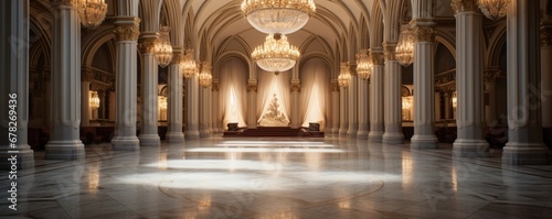 A polished marble floor in a grand hall, reflecting the soft glow of chandeliers above, emphasizing its smooth and elegant surface.