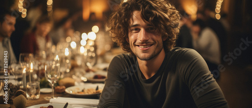 Handsome young man smiling while having dinner in restaurant. Blurred background.