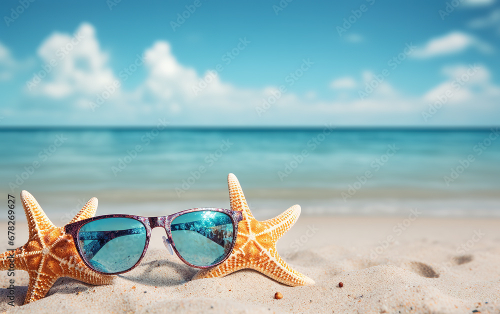 Close up de estrellas de mar y gafas de sol sobre la arena de una paradisiaca playa tropical. Concepto viaje. 