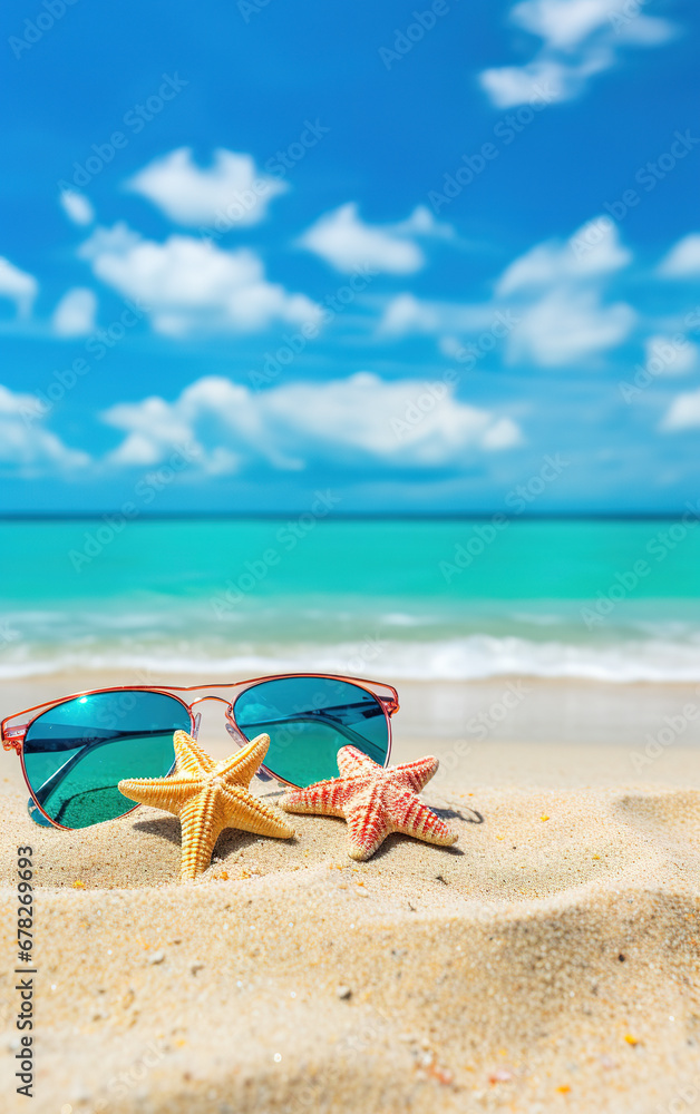 Close up de estrellas de mar y gafas de sol sobre la arena de una paradisiaca playa tropical. Concepto viaje. 