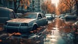 Cars submerged in flood water in the city made with Ai generative technology