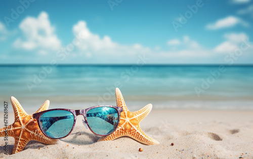 Close up de estrellas de mar y gafas de sol sobre la arena de una paradisiaca playa tropical. Concepto viaje.  photo