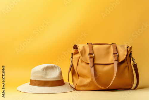 Straw hat, sunglasses, leather handbag. Trendy palm shadow and sunlight, sun. Minimal summer travel fashion composition.
