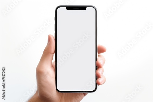 A close up of a hand holding smart phone , smart phone screen is blank , Mockup blank template illustration