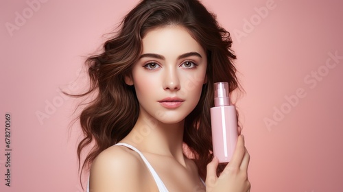 Portrait of a beautiful girl holding empty white cosmetic cream on pink background presenting luxury skincare products.