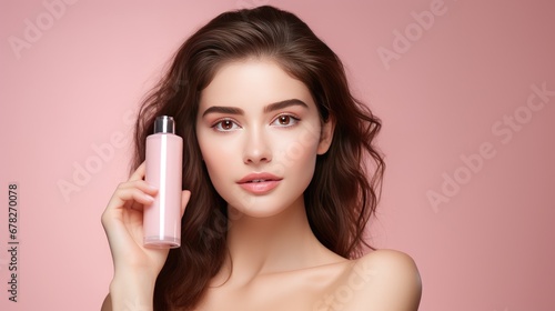 Portrait of a beautiful girl holding empty white cosmetic cream on pink background presenting luxury skincare products.