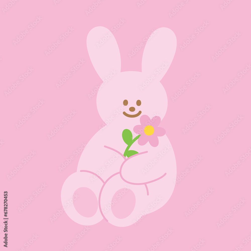 Pink bunny rabbit with flower on a pastel pink background for animal print, sticker, cartoon character, mascot, comic, standee, name tag, shirt print, pet, vet, pet shop, background, wallpaper, toy Pink bunny rabbit with flower on a pastel pink background for animal print, sticker, cartoon character, mascot, comic, standee, name tag, shirt print, pet, vet, pet shop, background, wallpaper, toy