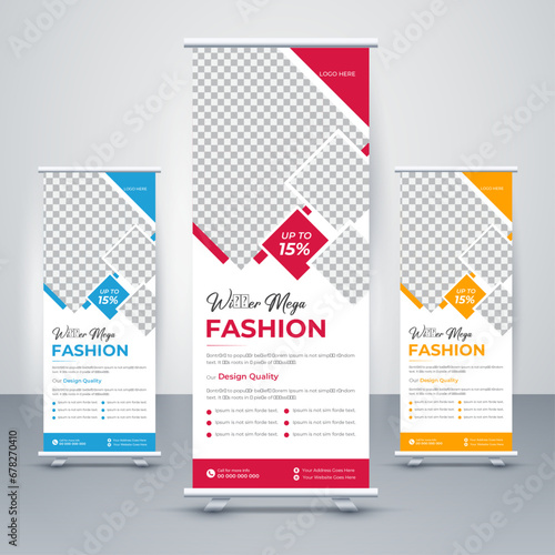 Fashion Roll Up Banner vector creative design, 3 color set layout. Trending and modern design.