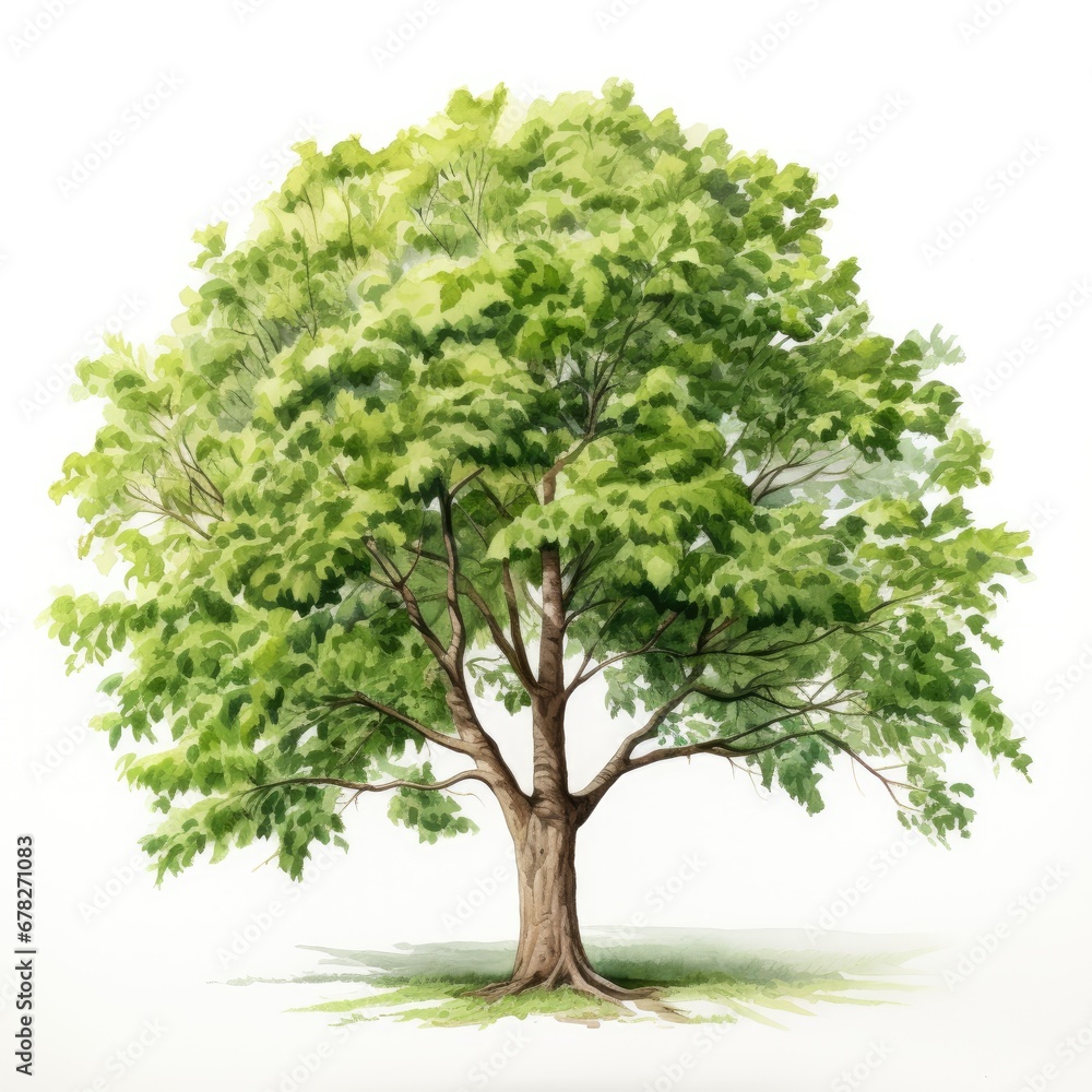 Lush Walnut Tree Watercolor Illustration Isolated on White Background - obrazy, fototapety, plakaty 